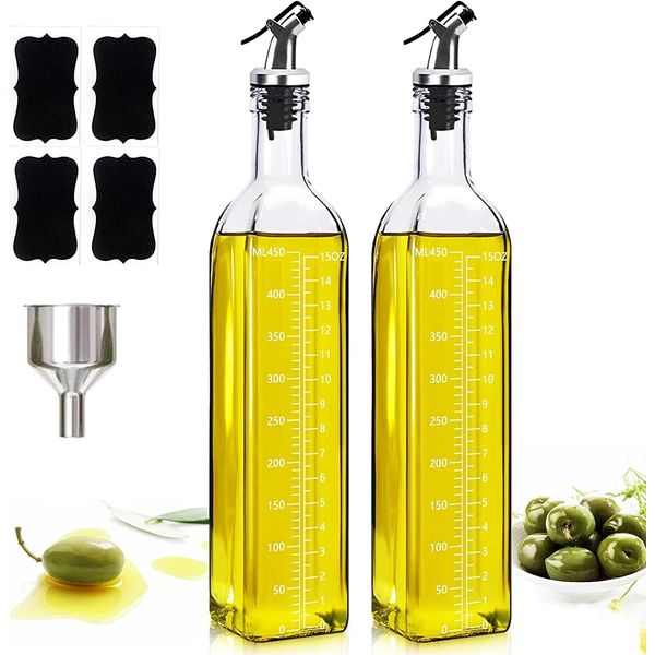 2 Pack Glass Olive Oil Dispenser - Oil and Vinegar Cruet Bottle Pourers Kitchen