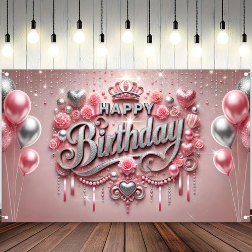Blissyard Happy Birthday Backdrop Banner Sign Elegant Pink And Silver Happy Birthday Backdrop With Crown And Balloons 71x43 Inch Decorative Party Banner For Birthday Party Decoration Supplies