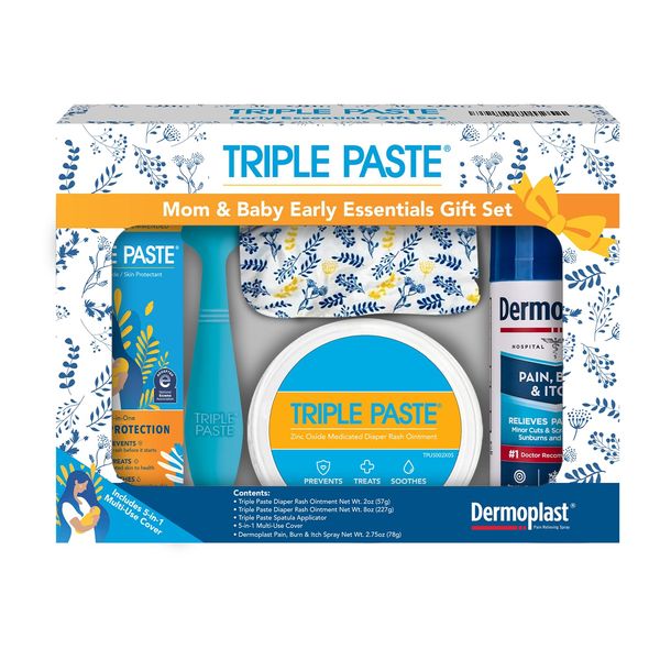 Triple Paste Mom & Baby Early Essentials Gift Set with 5 Items – Diaper Rash Ointment 8oz Jar & 2oz Tube, Spatula Applicator, Dermoplast Spray, and Multi-Use Cover - Baby Shower Gifts for New Mom