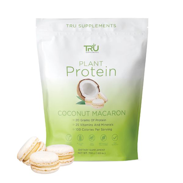 TRU Plant Based Protein Powder, BCAA, EAA, 20g Vegan Protein, 100 Calories, 27 Vitamins, No Artificial Sweeteners 25 Servings (Coconut Macaron)