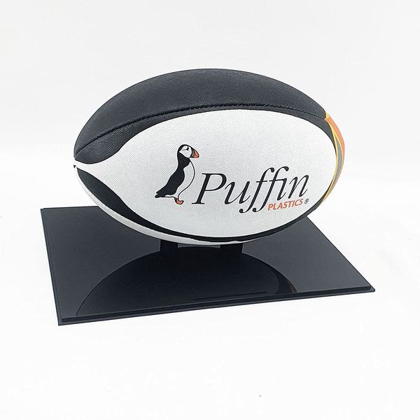 Puffin Plastics Rugby Ball Display Case (Black Base) - Mirror Back