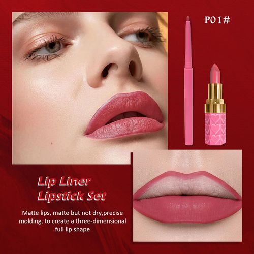 Rose Lip Liner and Lipstick Set, 2 Pieces, Velvet Matt, Waterproof Lipstick, Long-Lasting 24 Hours Hold, Emergency Stick Cup Lip Gloss, Highly Pigmented Lip Makeup Set for Women for Women's Day P01