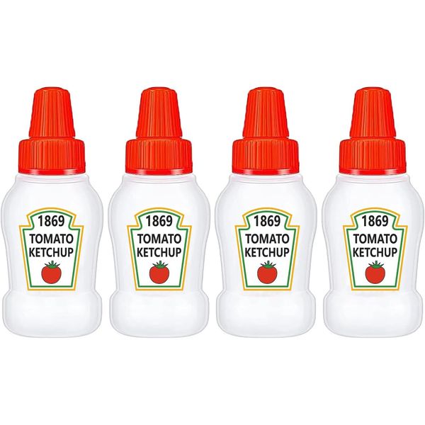 WXOIEOD 4 Pieces Mini Ketchup Bottle for Bento Box Accessories, 25ml Condiment Squeeze Bottles Empty Plastic Salad Dressing Container Tomato Ketchup Condiments Squirt Squeezable Jar for Sauces Syrup