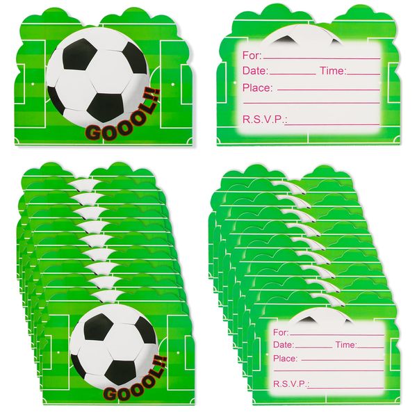 20Pcs Kids Party Invitations Football Themed Birthday Invites Unique Double-sided Green Printing Design for Children Boys Girls Celebrations Designed and Printed