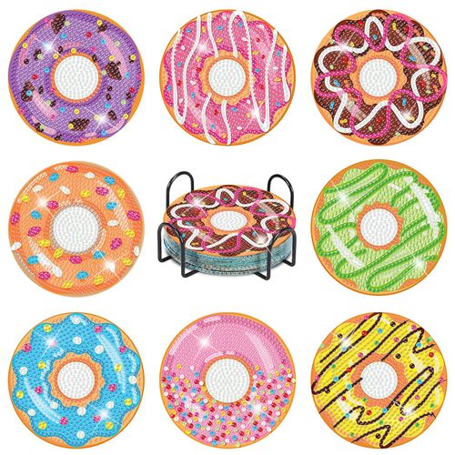 igoodom Diamond Art Coasters Kits, 8 PCS Donuts Diamond Painting Coasters Kit with Holder, Crafts Kits for DIY Coasters, Non Slip Coaster Diamond Art Craft Supplies Coasters for Adults 3.9inch