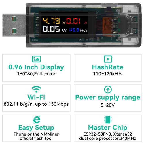 NM USB Chian ESP32 BTC Solo Lottery Miner with Ammeter Low Power USB A Interface Multiple Device 117KHs High Winning Probability WiFi Bluetooth LoRaWAN Development Board