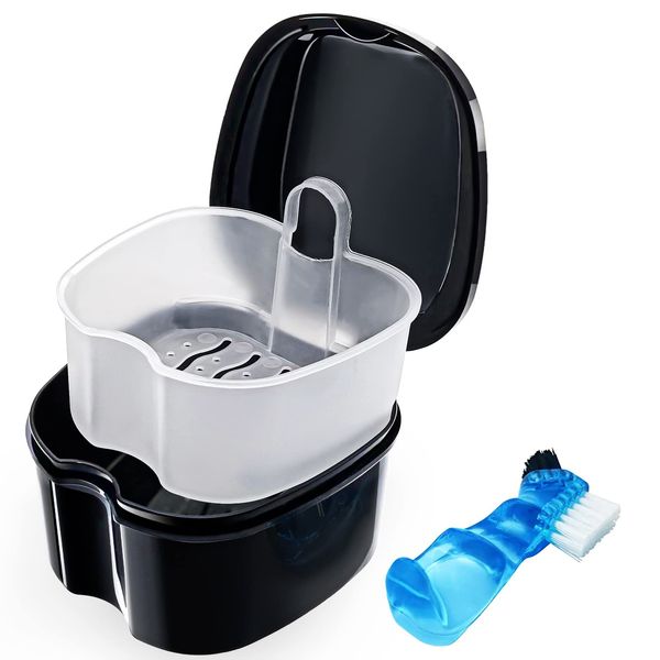 Black Denture Soaking Container Partial Denture Case, Orthodontic Retainer Cleaning Case Denture Cleaner Container Dentures Teeth Cup with Strainer and Lid Waterproof