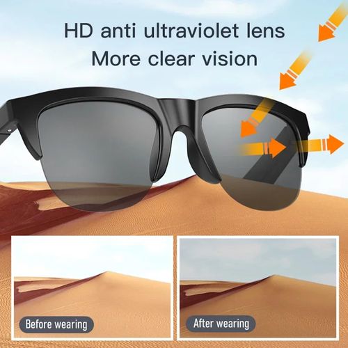 Smart Bluetooth V5.3 Sunglasses with built-in headphones, UV protection, touch control, noise-canceling mic, Hi-Fi sound, and AI/voice assistant support.