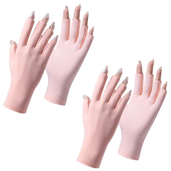 Plliocse 2 Pairs UV Gloves for Gel Nails, UV Glove Gel Manicures Glove, UPF50+ UV Nail Protection Gloves, Fingerless UV Gloves for Gel Nails Protect Hands from UV Harm (Pink)