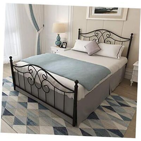 Vintage Sturdy Metal Bed Frame with Headboard and Footboard Basic Queen Black