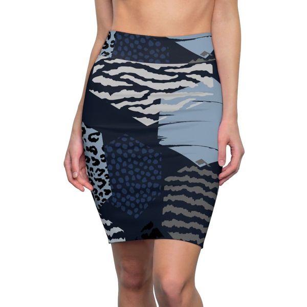 Womens Pencil Skirt, High Waist Stretch, Geometric Blue - S / 4 oz.