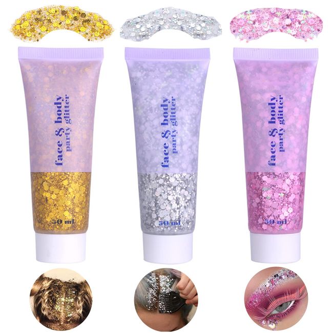 Cynamus Body Glitter Jel, 3 Şişe Deniz Kızı Pullu Tıknaz Parıltılı Sıvı Jel Seti, Parlak Yüz, Parlak Makyaj, Vücut Parıltısı, Yüz Saç Tırnakları için Uzun Ömürlü Tıknaz Parıltı, Gümüş+Altın+Pembe