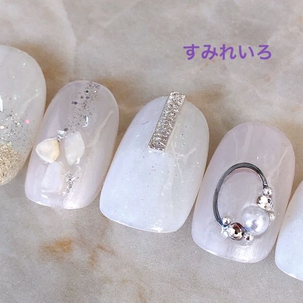 Nail tip false nails bridal nails cute short long bridal autumn nails nail present short nails small nails large nails berry short chibi nails adult nails false nails white nails wedding nails white<br> [1648] White silver shell b/ap