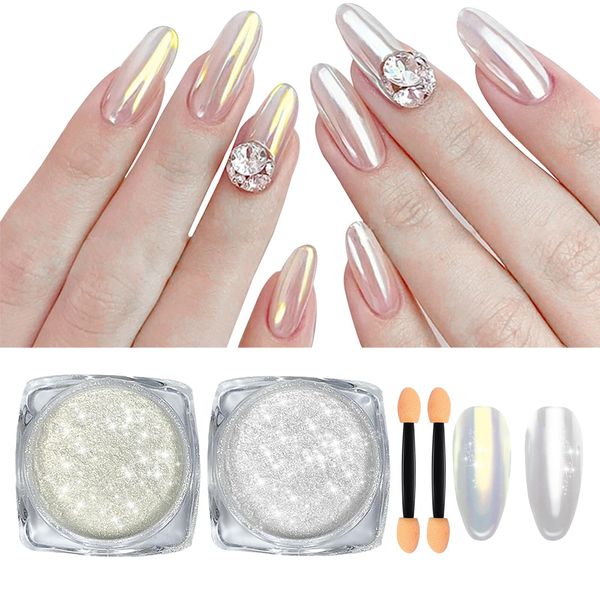 U-Shinein 2 Pcs White Pearl Chrome Nail Powder, Iridescent Mirror Effect Aurora Magic Pearlescent, Glitter Powder Holographic Pigment, Glazed Donut Nails Chrome Powder (Gold & Aurora White)