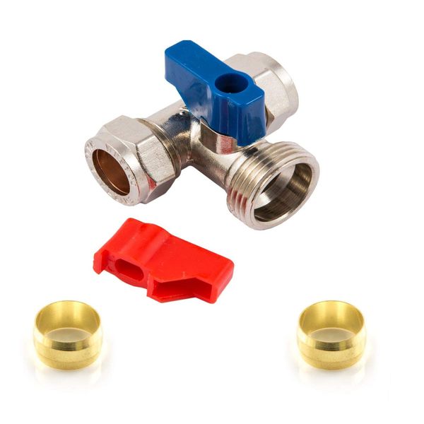 Washing Machine Tap Tee 15mm x 3/4" BSP. +2 Extra Olive - 15mm Brass. Wärmer System PSW Trade SUPPLIERS LTD