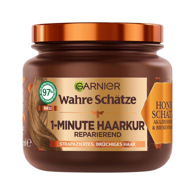 Garnier Wahre Schätze Reparierende 1-Minute Haarkur für brüchiges und strapaziertes Haar, Mit Akazienhonig und Bienenwachs für weniger Spliss und Haarbruch, 1 x 340 ml