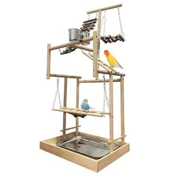 32" H Pet Parrot Playstand Gym Perch Wood 4 Layers Large Bird Playground