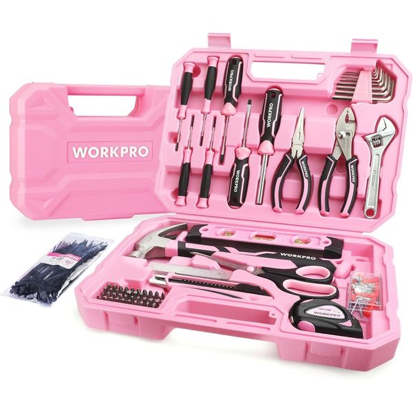 WORKPRO Pink Household Home Tool Kit, 258PCS Portable Complete Hand Tools NEW