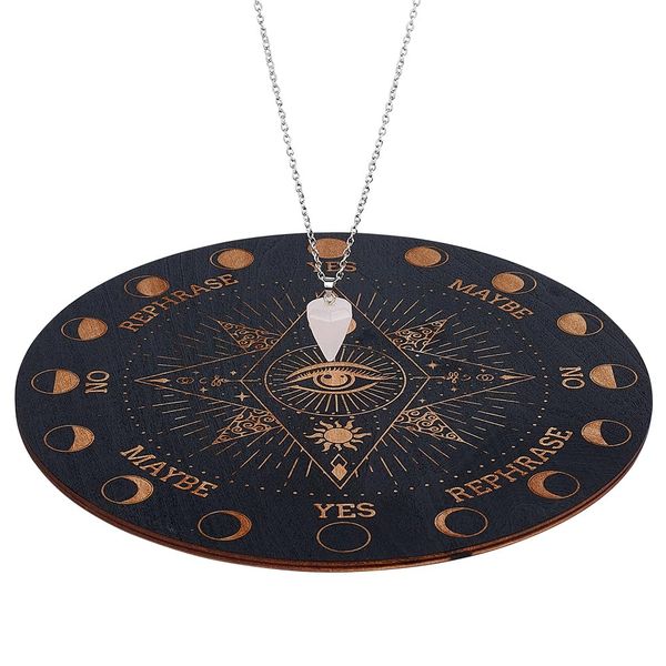 INFUNLY Witch Pendulum Board Eyes Runes Wooden Dowsing Planchette Board 7.9" Metaphysical Message Board with Pendulum Crystal Necklace for Beginners, Witchcraft Altar Supplies