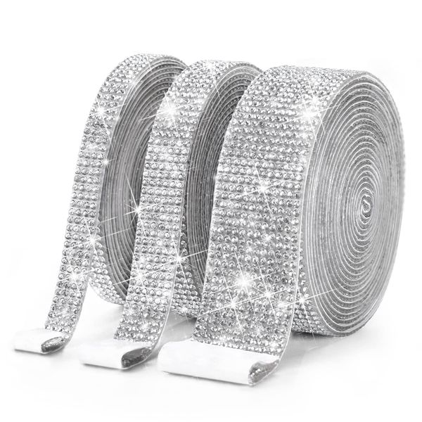 3 Rolls 9 Yards Self Adhesive Crystal Rhinestone Diamond Ribbon - Bling Diamond Stickers Wrap Roll DIY with 2 mm Rhinestones for Crafts Arts, Rhinestone Strips Tape for Car Phone Decoration(Silver)