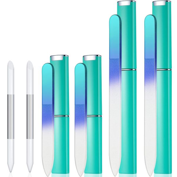 6 Pieces Glass Cuticle Pusher Nail File Set Imitated Crystal Nail Files Double Sided Glass Files with Case and Glass Cuticle Trimmer Remove Stick Manicure Tool for Nail Care (Green)