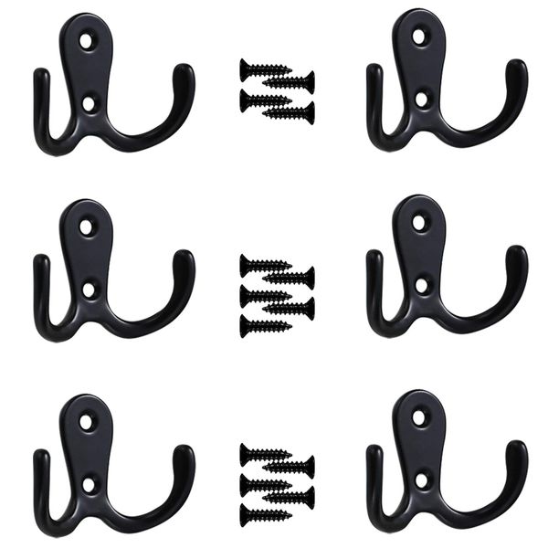 YuZhou 6 PCS Double Prong Robe Hooks, Dual Coat Hooks Black Double Door Hooks Chrome Coat Hook Cloth Hanger Hook Coat Hangers Metal Towel Hooks Bathroom Door Hooks for Bedrooms Screw in Hanging Door