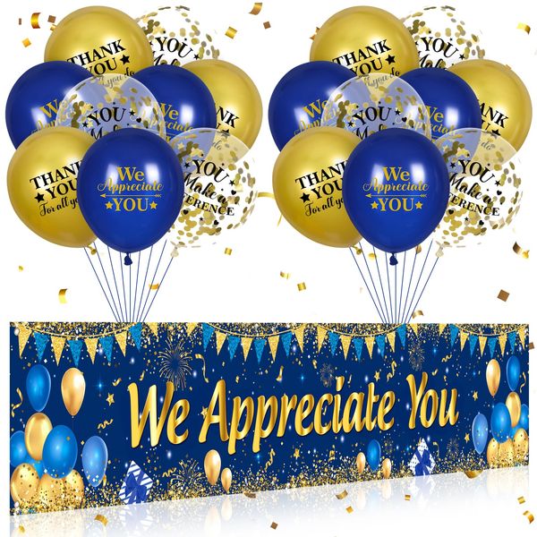 We Appreciate You Decorations Blue Gold Appreciate You Banner Yard Sign with 18 Pcs Balloons Thank You for All You Do Banner Employee Staff Appreciation Gifts Teacher Doctor Appreciation Party Decor