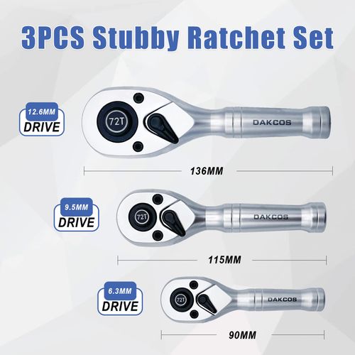 DAKCOS Stubby Reversible Ratchet Set 1/4" 3/8" 1/2" 3pc Drive Ratchet Wrenches with 72 Teeth CR-V matt Ratchet Stubby Handle Quick Release