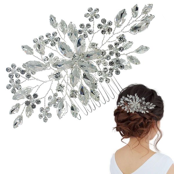 Rhinestone Bride Hair Comb Wedding Hair Comb Silver Crystal Hair Pieces Leaf Bridal Headpieces Bridal Side Combs Flower Pearl Bridesmaid Side Combs Sparkle Hair Accessories for Women Girls