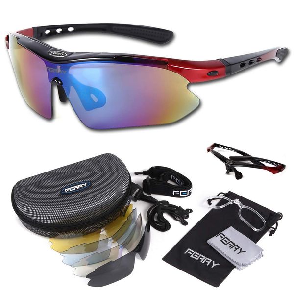 FERRY Polarized Lens Sports Sunglasses Full Set with 5 exclusive replacement lenses. Unisex / 7 Colors , red