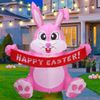 5Ft Easter Inflatable Pink Bunny Holds Happy Easter Banner Lighted Blow Up Decor