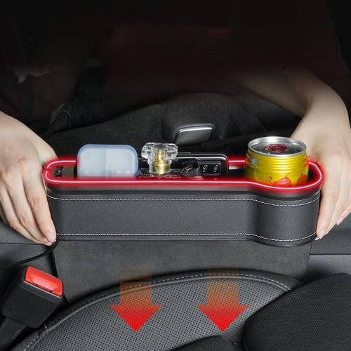2-Piece car seat Gap Organizer, 56W USB Charger, Environmental Light and Adjustable Cup Holder - Storage Phone, Glasses, Keys - fits car seat Gap and Console (Black)