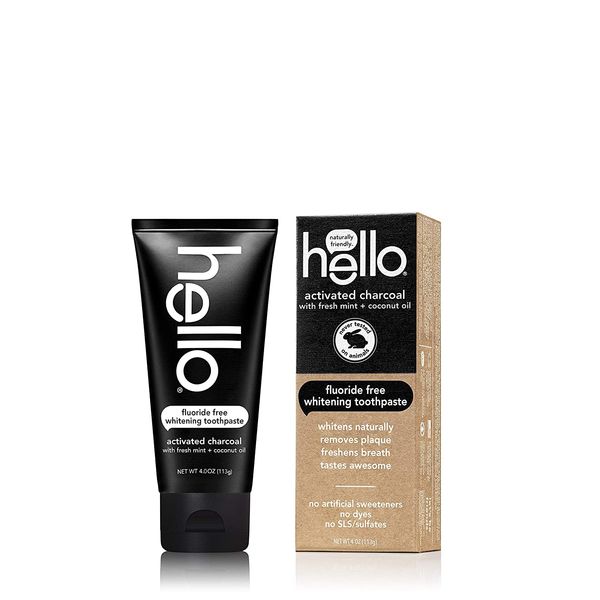 HELLO Activated Charcoal FLOURIDE FREE Whitening Toothpaste with Fresh Mint + Coconut Oil - 2 Pack of 4 oz each (8 oz total)