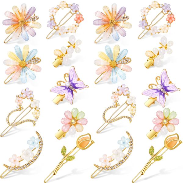 18 Pcs Rhinestone Butterfly Hair Clips Decorative Bobby Pins Crystal Flower Pins Handmade Metal Hair Barrettes for Women Gold Prom Hair Accessories Glitter Styling Pins for Girls Wedding Jewelry