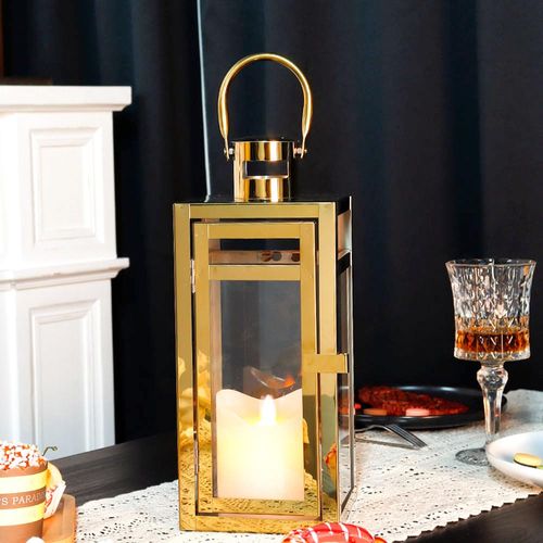 TRIROCKS Stainless Steel Decorative Lantern 12'' High Metal Candle Holder Outdoor Candle Lantern with Tempered Panels for Christmas Home Decor Living Room Parties Events Tabletop Indoor Outdoor (Gold)