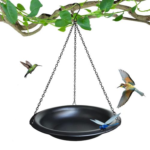WANGIRO Hanging Bird Bath Outdoor 11.5" Metal Bowl with 15.5 in Rust-Proof Chains,Weather-Resistant Garden Birdbath with Magnetic Dragonfly for Backyard Decor,Matte Black