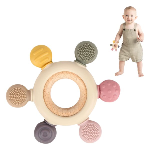 Baby Teether Silicone Teething Toys for Baby 3 Months with Wooden Ring BPA Free Baby Teething Ring Rudder Baby Chew Toys Baby Teething Toys, for 3+ Months Boys Girls Baby Toddlers (Style A)