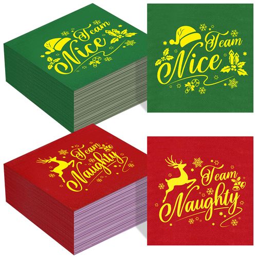 Zhanmai 200 Pcs Christmas Paper Napkins Disposable Team Naughty Team Nice Holiday Red Green Funny Cocktail Christmas Napkins with Gold Foil for Xmas Party Supplies Decorations, 6.5 x 6.5 Inch