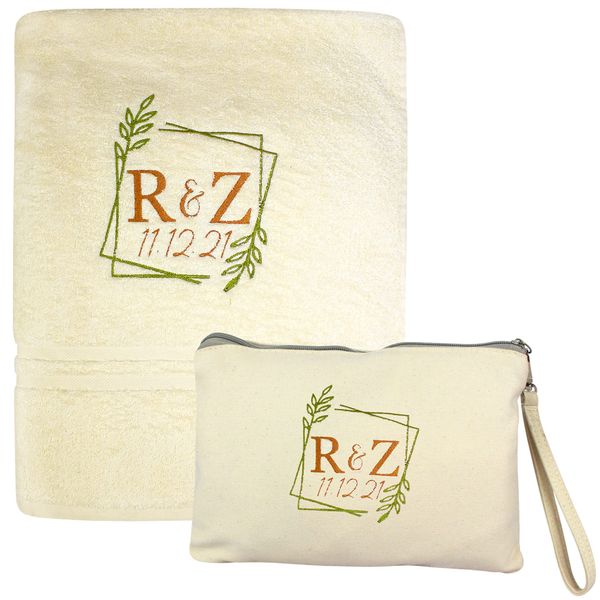 Personalised Wedding Bath Towel & Makeup Accessory Bag Gift Set
