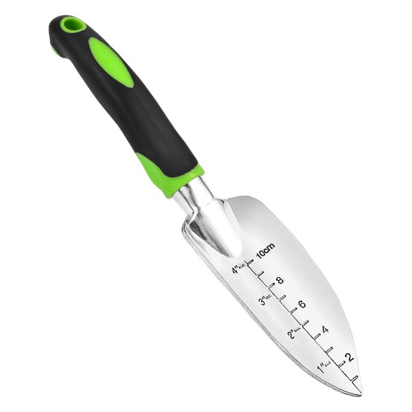 Garden Trowel with Measurements Depth Marker & Ergonomic Grip Hand Shovel Soft Rubberized Non-Slip Handle Two Unit Measurement Guide for Planting, Transplanting, Weeding, Digging Soil(Green)