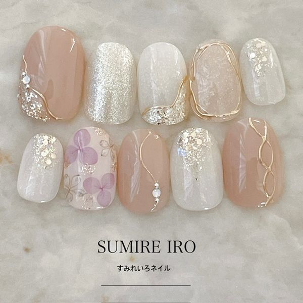 Nail tips False nails Bridal nails Short Coming-of-age nails Design Simple nails Nail Beige nails Small nails Large nails Very short Chibi nails Adult nails False nails Custom nails<br> [o2131] Cinnamon beige surround mirror line holographic flower