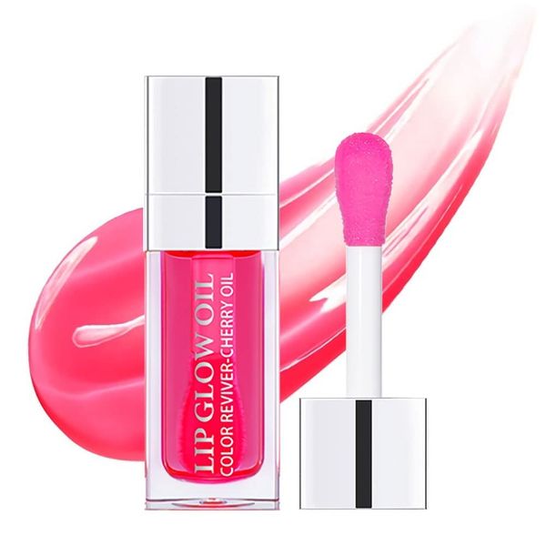 Plumping Lip Oil, Hydrating Lip Gloss Tinted Lip Balm Lip Care Transparent Toot Lip Oil, Long Lasting Nourishing Lip Glow Oil Non-sticky Big Brush Glitter Shine Primer Lip Tint (CHERRY)