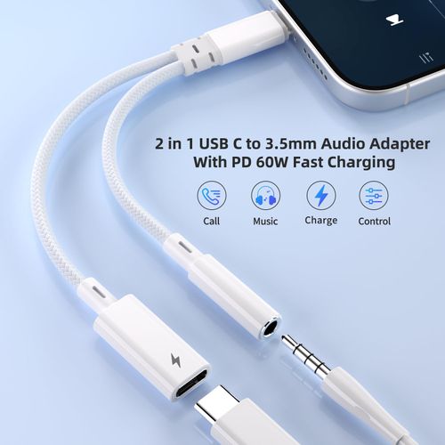 Vcddom USB C to 3.5mm Headphone and Charger Adapter, 2 in 1 Type C to Aux Audio Jack Hi-Res DAC and PD 60W Fast Charging Dongle Cable for iPhone 16/15 Pro Max, Galaxy S25/S24/S23, Google Pixel 8/7