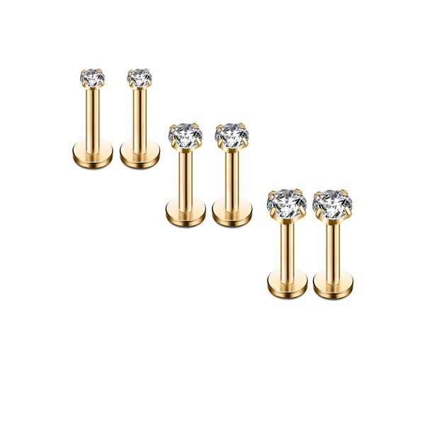 16G Diamond CZ Lip Rings Labret Monroe Nose Tragus Helix Ear Piercing Jewelry Surgical Stainless Steel 2/3/4mm CZ 8mm Bar Length 3 Pairs Set (3 Pairs Gold - Bar:8mm; CZ:2-4mm)