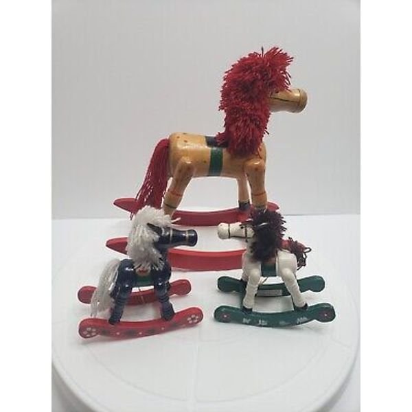 Vintage Wooden Christmas Holiday Tabletop Rocking Horse & 2 Ornaments