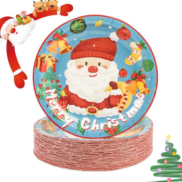 HFBOBP 50PCS Merry Christmas Paper Plates - 7Inch Blue Dessert Plates Paper Plates for Cake Fruit Salad Pizza Disposable Decoration Supplies for Christmas Birthday Wedding Party