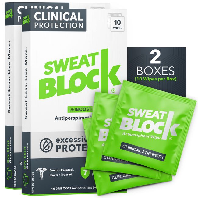 SweatBlock Antiperspirant Underarm Wipes for Men & Women - Clinical Strength for Hyperhidrosis & All-Day Sweat Control - Stop Sweating w/ up to 7-Day Protection per Wipe - Unscented - Pack of 20 Wipes