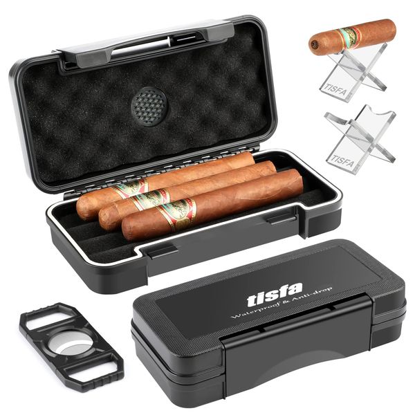 TISFA Cigar Travel Humidor Case with Cigar Cutter and Cigar Stand, Portable Cigar Humidor, Waterproof Cigar Box Holds up to 4 Cigars - Cigars Gift Set for Men (Small)