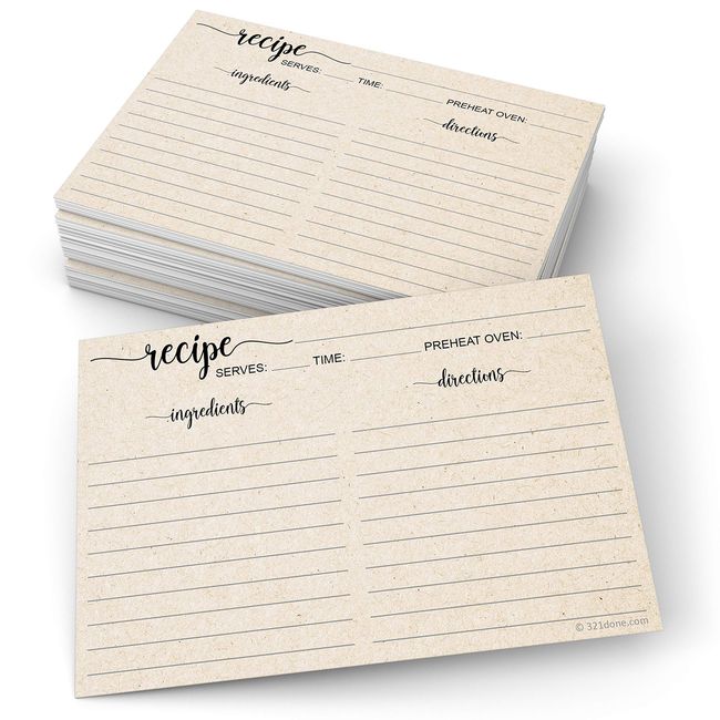 321Done Recipe Cards 4x6 Tan Simple Script, 50-Pack, Made in USA, Double-Sided Thick Cardstock, Cute Vintage Rustic Kraft Look for Bridal Shower Wedding Housewarming Gift