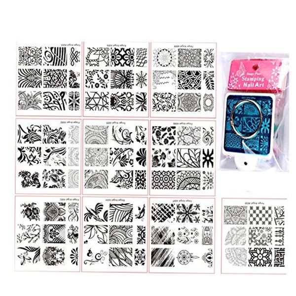 FingerAngel 10Pcs Nail Stamping Plates + 1 Stamper + 1 Scraper White Plastic Backcover Nail Art Stamp Stamping Template Image Plate Nail Art Stamper Scraper Nails Tool